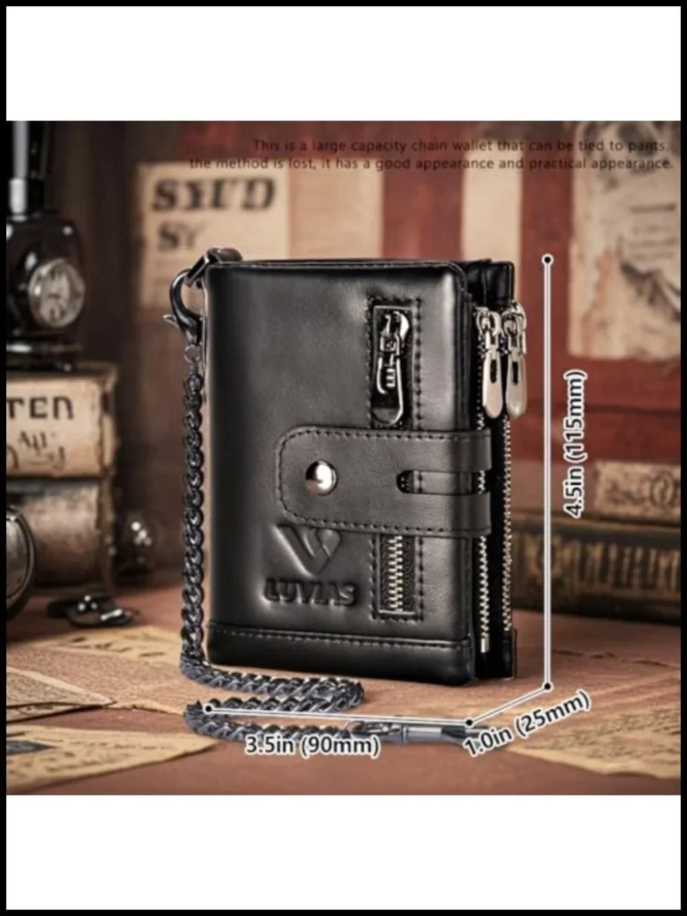 Anti-Theft Men's Genuine Leather Wallet with Chain, RFID Blocking Bifold